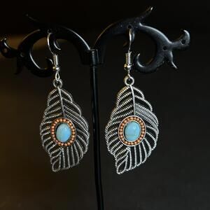 Silver Tone Feather Shaped Earrings with Turquoise Center